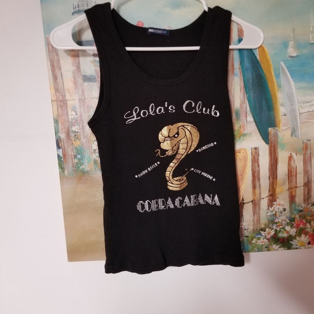 Y2K lola club blue asphalt Large Junior ribbed tank top black Gold dancer
